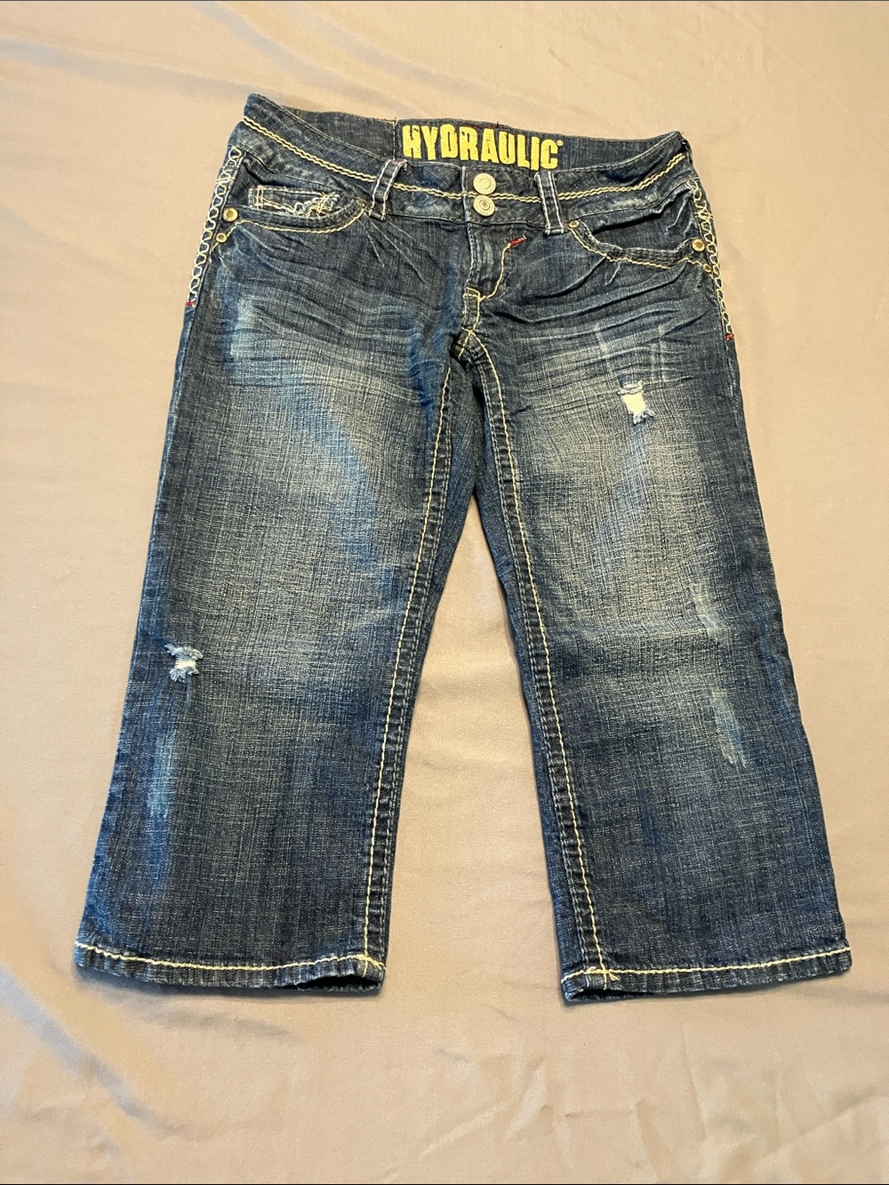 Hydraulic Dark Blue Distressed Boyfriend Capris with Yellow Waistband